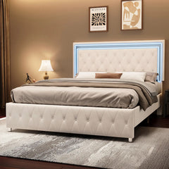 AMERLIFE Modern Bed Frame with RGB LED Lights, Adjustable Headboard Velvet Button Tufted/Acrylic Mirror Accents/Smart APP&Remote Control/No Box Spring Needed/Furniture Room/Full/Queen Size/Best Gift Ideas/Christmas Gifts