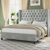 AMERLIFE Modern Bed Frame, Velvet Upholstered Platform Bed with 51.6" Tall Wingback Headboard, Deep Button Tufted, No Box Spring Needed/Sturdy Structure Design/Luxury Furniture Design/Queen/King Size/Christmas Gifts