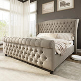 AMERLIFE Platform Bed Frame,Velvet Upholstered Sleigh Bed with Scroll Wingback Headboard&Footboard/No Box Spring Required/Christmas Gift/Best Gift Ideas