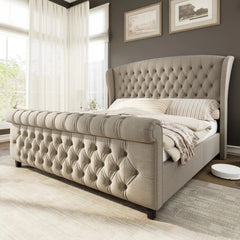 AMERLIFE Platform Bed Frame,Velvet Upholstered Sleigh Bed with Scroll Wingback Headboard&Footboard/No Box Spring Required/Christmas Gift/Best Gift Ideas