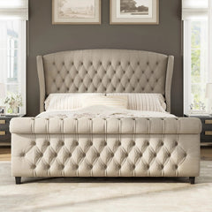 AMERLIFE Platform Bed Frame,Velvet Upholstered Sleigh Bed with Scroll Wingback Headboard&Footboard/No Box Spring Required/Christmas Gift/Best Gift Ideas