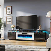 AMERLIFE Fireplace TV Stand for Living Room, Modern High Gloss Entertainment Center with LED Lights, 2 Tier Storage Cabinet/Remote Control/Colorful Flame/Energy Efficient/Best Gift Ideas/Christmas Gifts