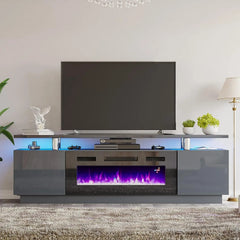 AMERLIFE Fireplace TV Stand for Living Room, Modern High Gloss Entertainment Center with LED Lights, 2 Tier Storage Cabinet/Remote Control/Colorful Flame/Energy Efficient/Best Gift Ideas/Christmas Gifts