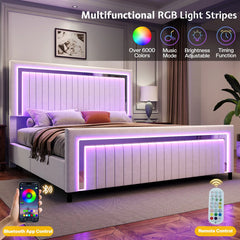 AMERLIFE Modern Upholstered Platform Bed Frame with 4 Storage Drawers and LED Light, Adjustable Headboard with Vertical Channel, No Box Spring Needed/Christmas Gift/Best Gift Ideas