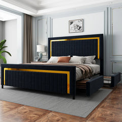 AMERLIFE Modern Upholstered Platform Bed Frame with 4 Storage Drawers and LED Light, Adjustable Headboard with Vertical Channel, No Box Spring Needed/Christmas Gift/Best Gift Ideas