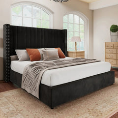 AMERLIFE Bed Frame with Headboard Lift Up Storage Bed, Velvet Upholstered Bed Frame With Channel Tufted Wingback Headboard/Christmas Gift/Best Gift Ideas