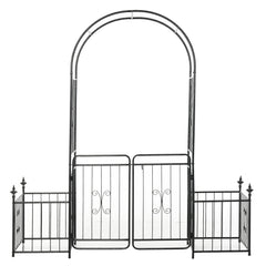 Outsunny 86" Garden Arch Arbor, Metal Arch Trellis with Gate and Planter Baskets, Garden Archway for Climbing Vines, Wedding Ceremony Decoration, Flourishes & Arrow Tips, Black
