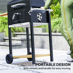 Outsunny Charcoal BBQ Grill, Outdoor Portable Cooker for Camping or Backyard Picnic, Barbecue Grill with Side Table, Bottom Storage Shelf, Wheels and Handle, Black