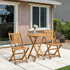 Outsunny 3-Piece Acacia Wood Bistro Set, Folding Patio Furniture with 2 Folding Chairs and Round Coffee Table, Teak, Slatted Finish, for Backyard, Balcony, Deck, Natural