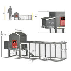 PawHut 118" Extra Large Chicken Coop with Asphalt Roof, Wooden Hen Run with Slide-Out Tray and Nesting Box, Chicken Hutch for 3-6 Chickens, Gray