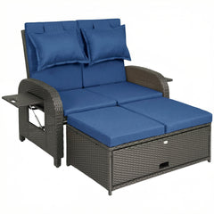 Outsunny Patio Rattan Daybed, Wicker Outdoor Daybed with Storage Ottoman, Loveseat w/ Adjustable Backrest, Navy Blue