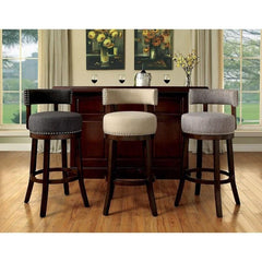 Bar Chairs 2pc 25" Supported On Rich Dark Wooden Legs The Fabric Padded Seats And Backrests Provide Comfortable Seating
