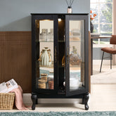 Curio Cabinet with Tempered Glass Doors, Lighted Display Cabinet with Mirrored Back Panel & Adjustable Shelves Perfect for Home or Office (Light Bulb Included)- Black