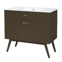 36" Luxury Striped Dark Brown Vanity: Soft-Close Dual-Door Storage & Premium Ceramic Sink