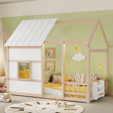 Twin Size House Floor Bed With 7 Colors LED Light of Nude and White Color