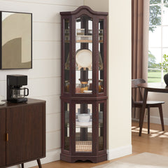 Lighted Corner Curio Cabinet with Tempered Glass Doors & Shelves - Elegant Oak Display Storage for Living Room & Bedroom Decor-DARK CHERRY