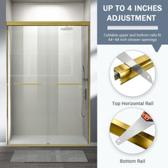 44" - 48" W x 72" H Double Sliding Shower Door, Semi-frameless Bathroom Sliding Door with 1/4" (6mm) Tempered Glass for Walk-in Shower, Brushed Gold GF-24D03-48BGX