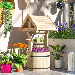 Outsunny Wood Wishing Well for Outside with Hanging Bucket, Wishing Well Planter with Drain Hole for Garden Patio, Natural