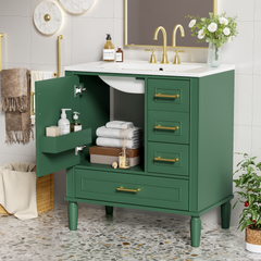 Traditional 30" Green Bathroom Vanity Set, Floor Standing, with Three Drawers, Soft Close Doors, with Long Gold Metal Handles - Perfect for Small Bathrooms