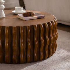 31.50" Ribbed Wave Round Coffee Table - Solid Wood & MDF Mid-Century Center Table, Brown Modern Drum Fluted Coffee Table for Living Room/Apartment (Fully Assembled)