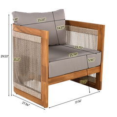 Premium Acacia Wood Outdoor Club Chair, Curved Tub Design with Woven Rope Accents, Water-Resistant Cushions, All-Weather Slat Construction