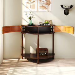 Artisan-Crafted Wave-Pattern Demi-Lune Console Table with Brown Woodgrain,Unique Half Moon Design End Table with 2 Storage Drawers and Bottom Shelf for Living room, Bedroom, Study, Hallway