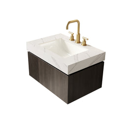 MURI 30" Bathroom Vanity&Sink, Floating Plywood Storage Cabinet with Drawer&Door, Carrara White Sintered Stone Top&Ceramic Basin with 3 Pre-drilled Faucet Holes, Pre-assembled, Espresso Woodgrain