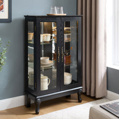 Curio Cabinet with Tempered Glass Doors, Lighted Display Cabinet with Mirrored Back Panel & Adjustable Shelves Perfect for Home or Office (Light Bulb Included)- Black