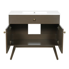 36" Luxury Striped Dark Brown Vanity: Soft-Close Dual-Door Storage & Premium Ceramic Sink