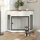 44.6'' Corner MDF Dog Crate Furniture for Small/Medium Dogs, Decorative Dog Kennel End Table with Fluted Drawer Storage, Modern Space-Saving Dog Cage Cabinet for Home Décor Indoor(White)