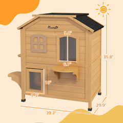 PawHut 2-story Cat House Outdoor, Weatherproof Wooden Cat Enclosure for Feral Cats with Escape Door, Openable Roof, Jumping Platforms, Natural