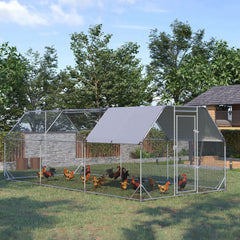 PawHut Large Chicken Coop Metal Chicken Run with Waterproof and Anti-UV Cover, Flat Shaped Walk in Fence Cage Hen House for Outdoor and Yard Farm Use, 1" Tube Diameter, 9.2' x 18.7' x 6.4'