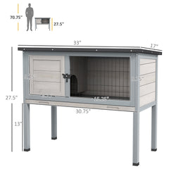 PawHut Elevated Rabbit Hutch, Wooden Bunny Cage with Hinged Asphalt Roof and Removable Tray, for Indoor/Outdoor, Gray