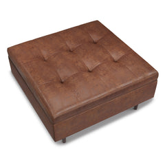 Shay 38 inch Wide Mid-Century Large Square Coffee Table Storage Ottoman in Distressed Saddle Brown Vegan Leather