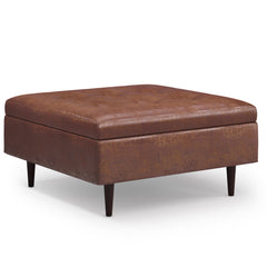 Shay 38 inch Wide Mid-Century Large Square Coffee Table Storage Ottoman in Distressed Saddle Brown Vegan Leather