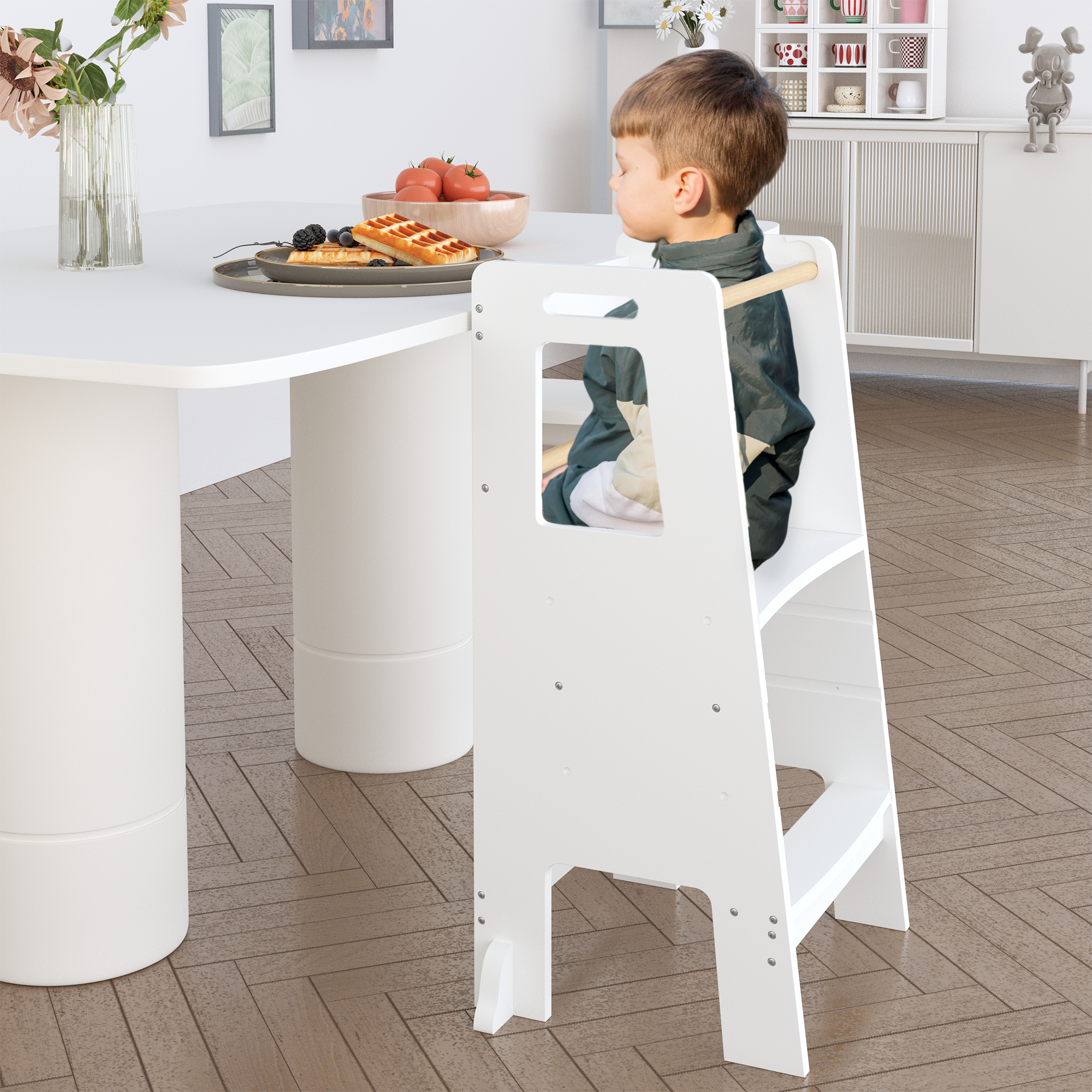 Kids Standing Tower, Child Kitchen Step Stool Toddler Wood Stepping Stool - Children's Montessori Stool - Adjustable Height, Ideal Kids Kitchen Step Stool for Learning New Skills, White