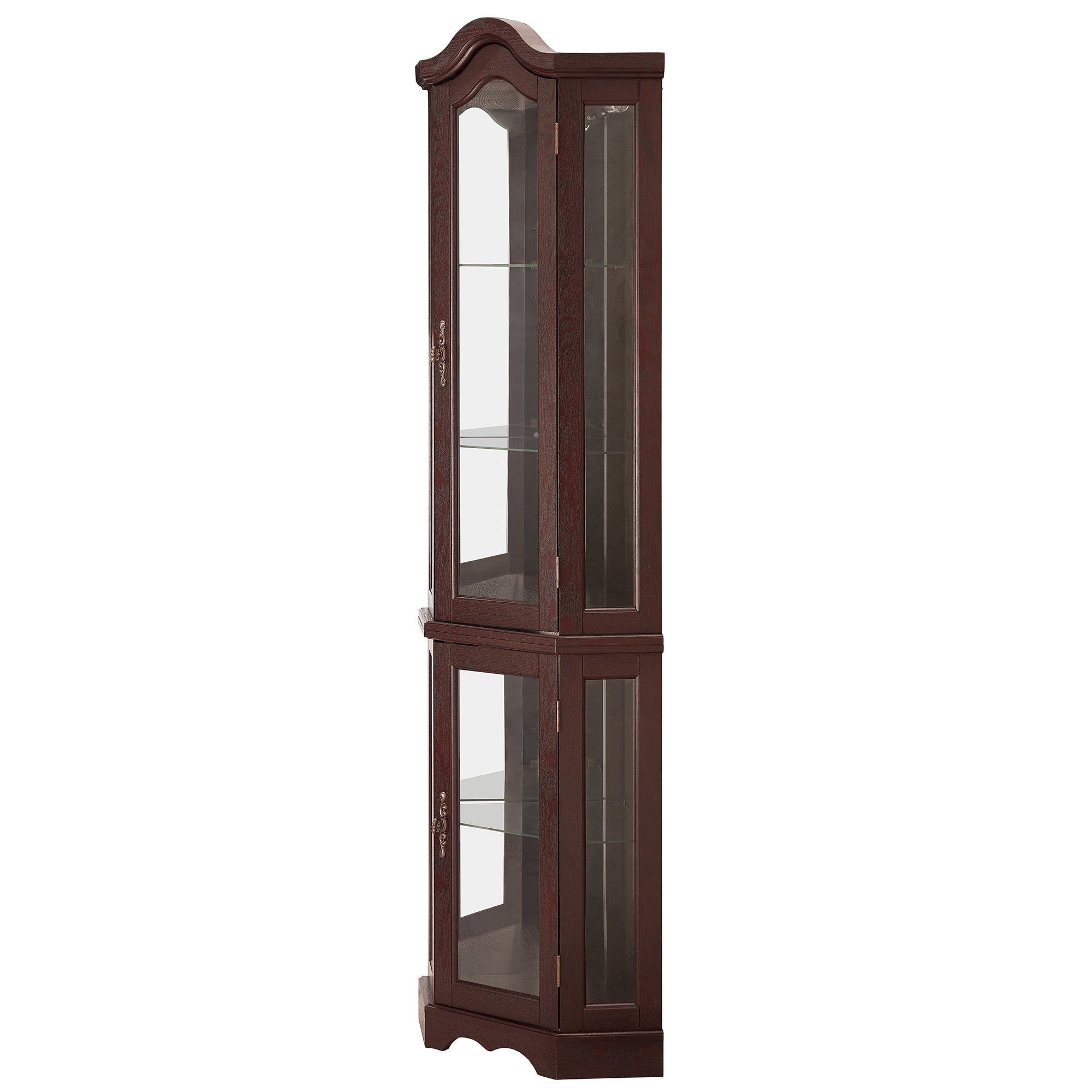 Lighted Corner Curio Cabinet with Tempered Glass Doors & Shelves - Elegant Oak Display Storage for Living Room & Bedroom Decor-DARK CHERRY