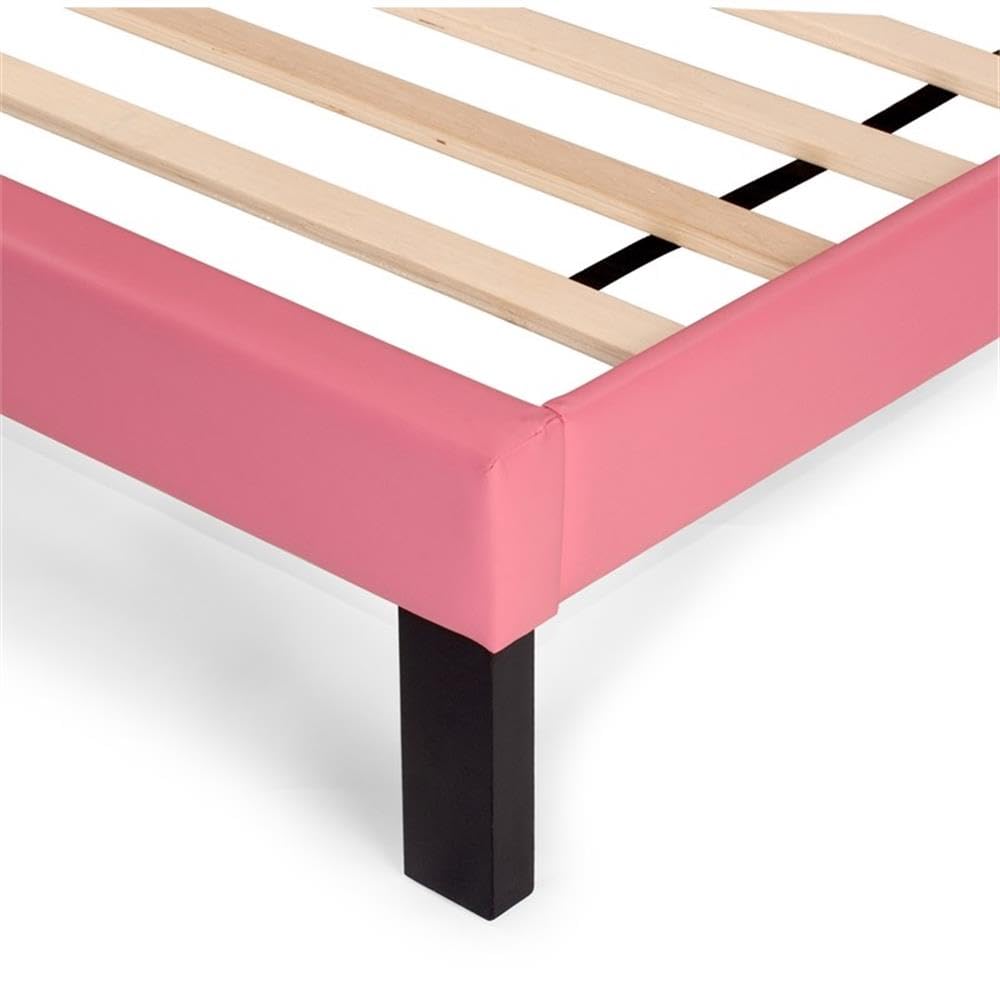 Simple Modern Pink Faux Leather Upholstered Full Size Bed Bedroom Wooden Slats 1pc Platform Bedframe