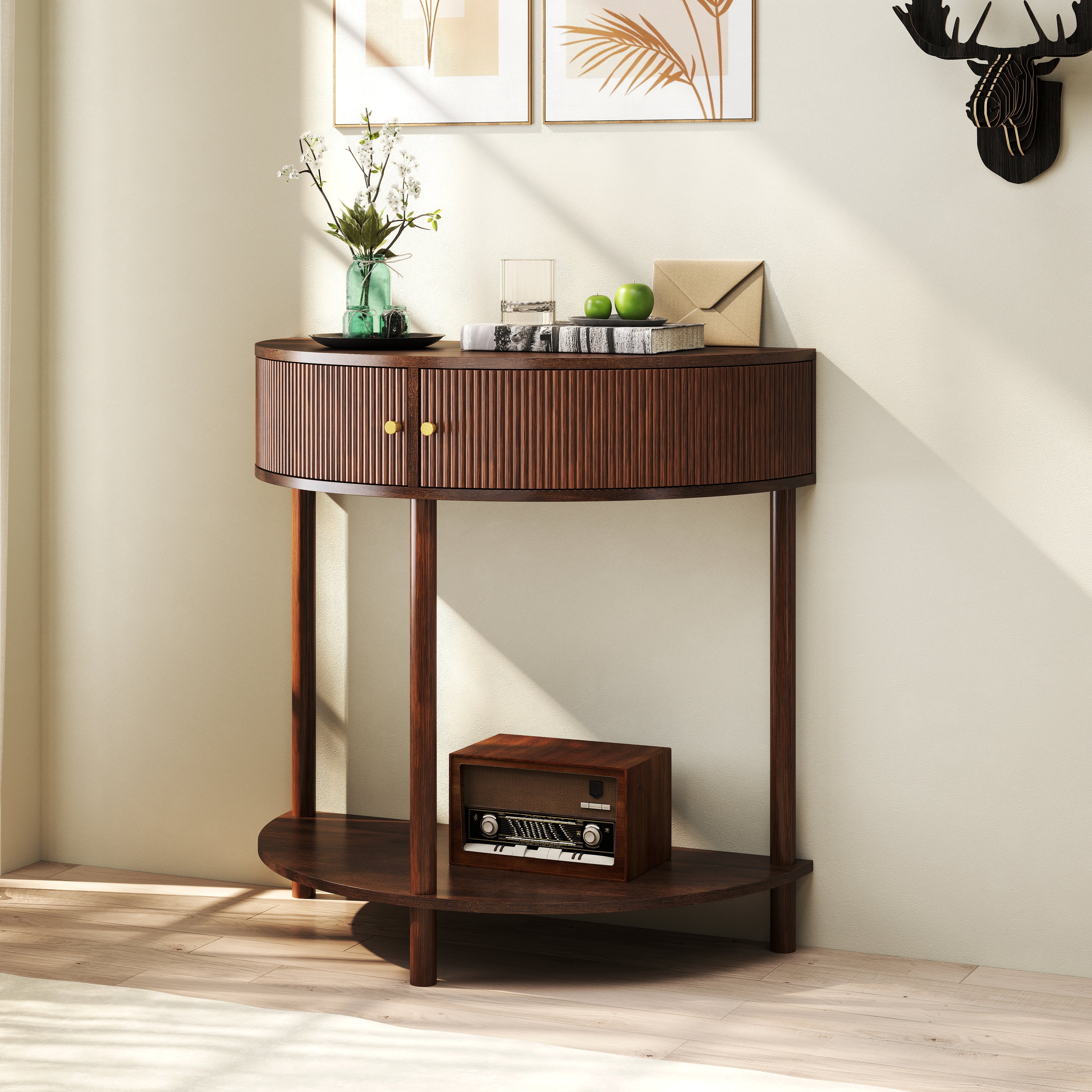 Artisan-Crafted Wave-Pattern Demi-Lune Console Table with Brown Woodgrain,Unique Half Moon Design End Table with 2 Storage Drawers and Bottom Shelf for Living room, Bedroom, Study, Hallway