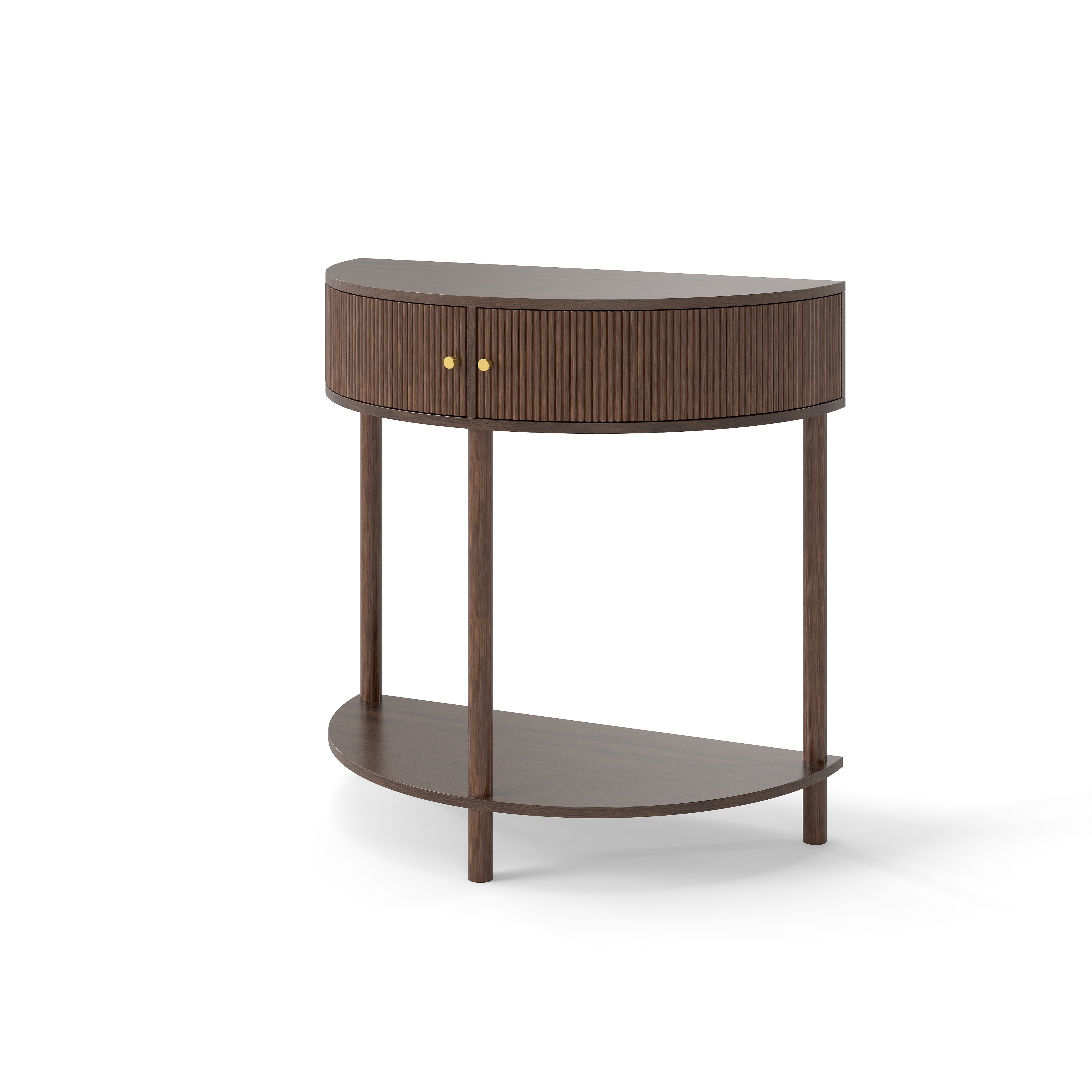 Artisan-Crafted Wave-Pattern Demi-Lune Console Table with Brown Woodgrain,Unique Half Moon Design End Table with 2 Storage Drawers and Bottom Shelf for Living room, Bedroom, Study, Hallway