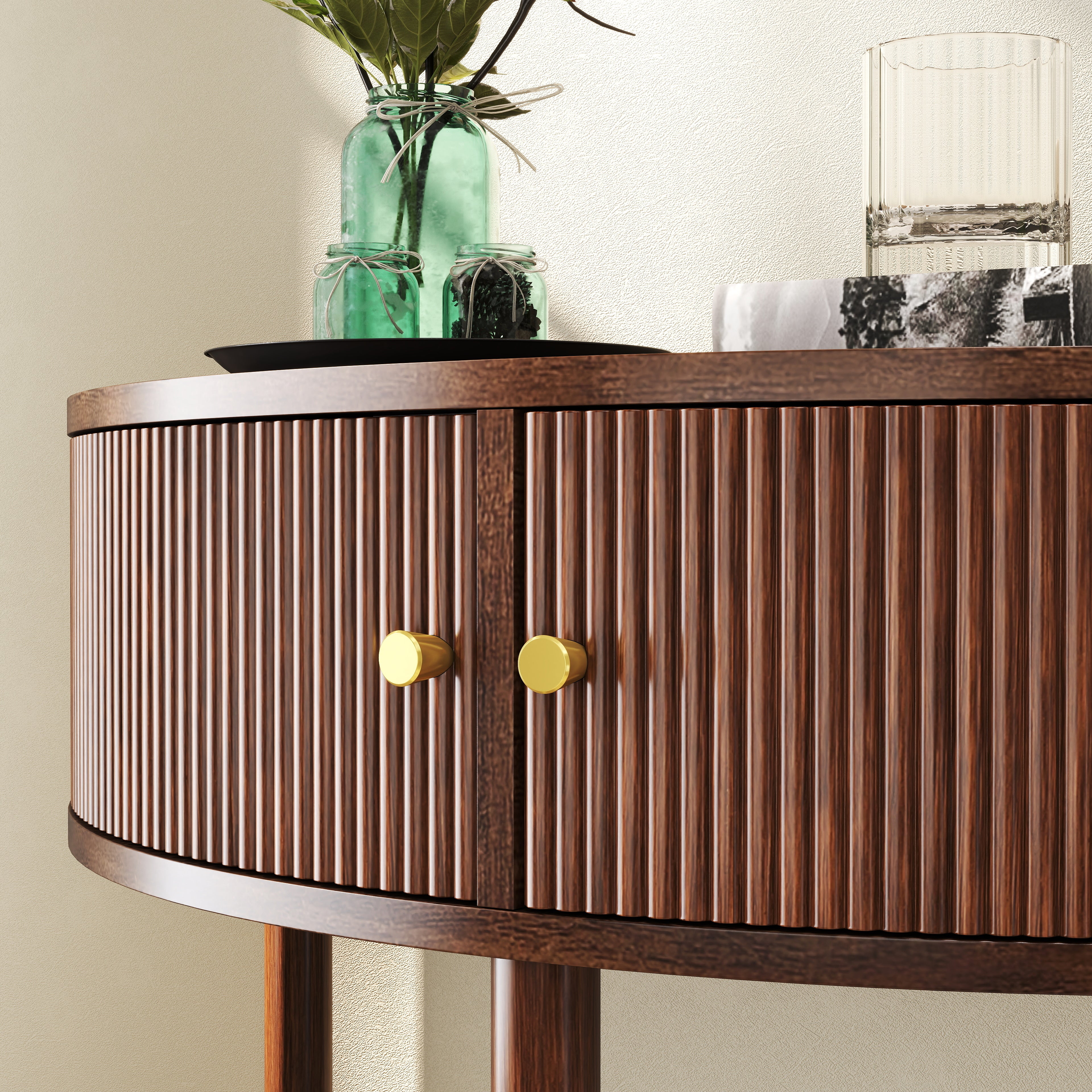 Artisan-Crafted Wave-Pattern Demi-Lune Console Table with Brown Woodgrain,Unique Half Moon Design End Table with 2 Storage Drawers and Bottom Shelf for Living room, Bedroom, Study, Hallway