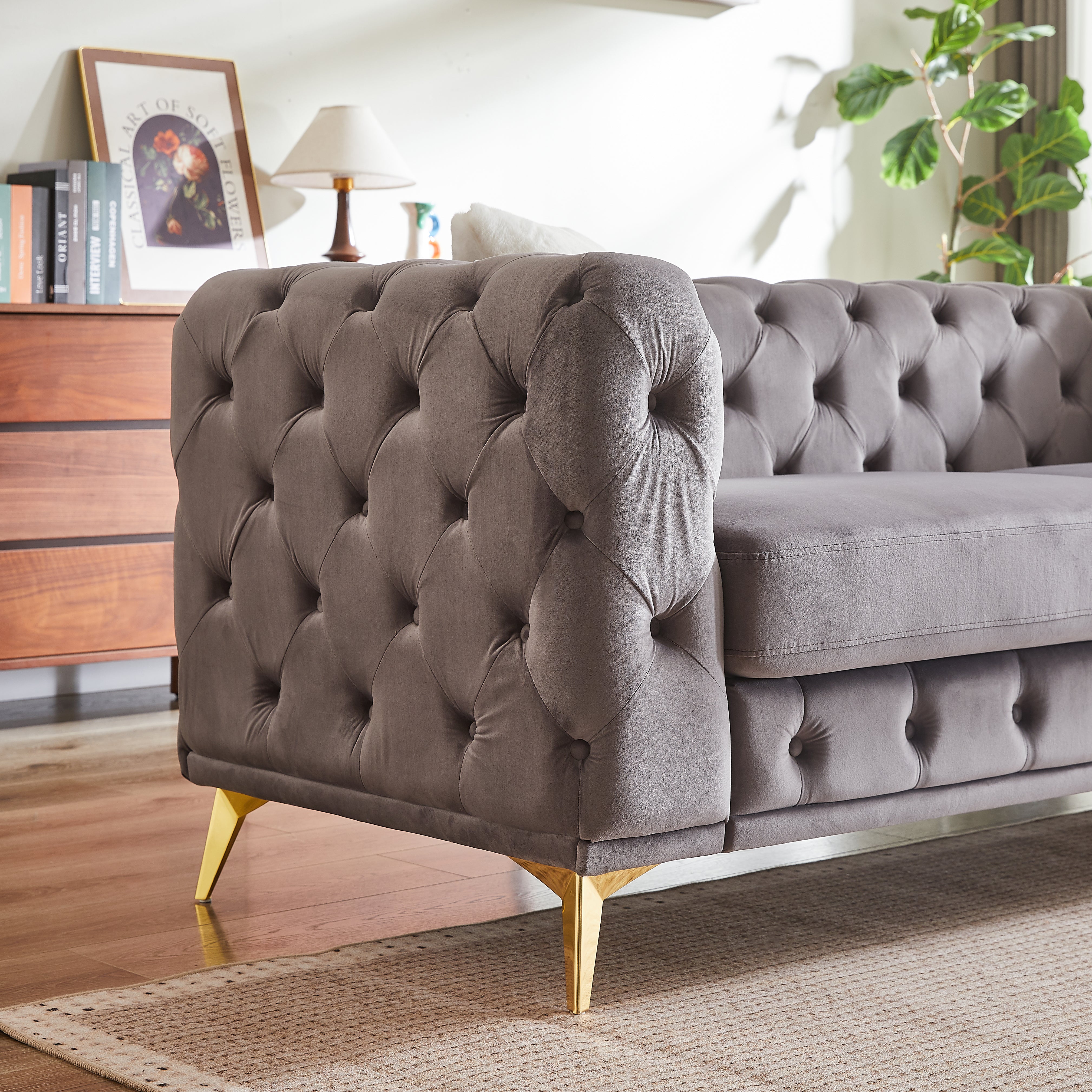 FX 61.25-inch Deluxe Velvet Sofa with Chesterfield Tufted Buttons with 2 Pillows and Metal Feet