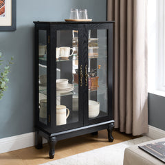 Curio Cabinet with Tempered Glass Doors, Lighted Display Cabinet with Mirrored Back Panel & Adjustable Shelves Perfect for Home or Office (Light Bulb Included)- Black