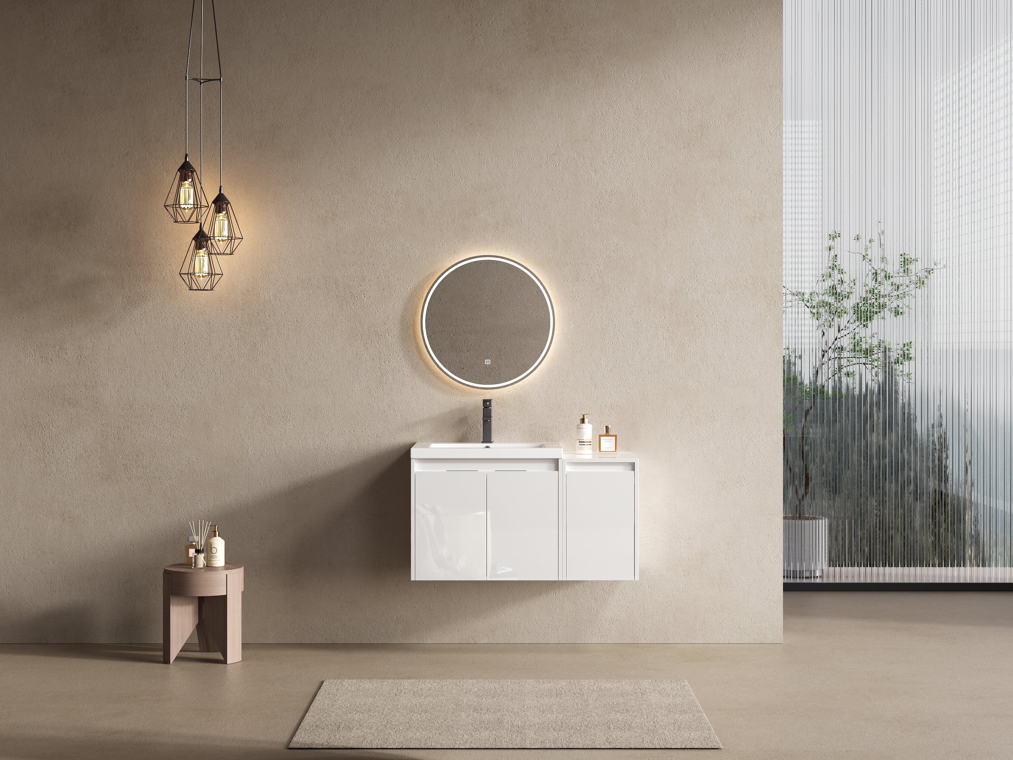 36" Bathroom Vanity With Resin Sink , 2-Soft Close Doors and 1-Side Cabinet, Float Mounting Design, Glossy White, Plywood(KD-Packing)