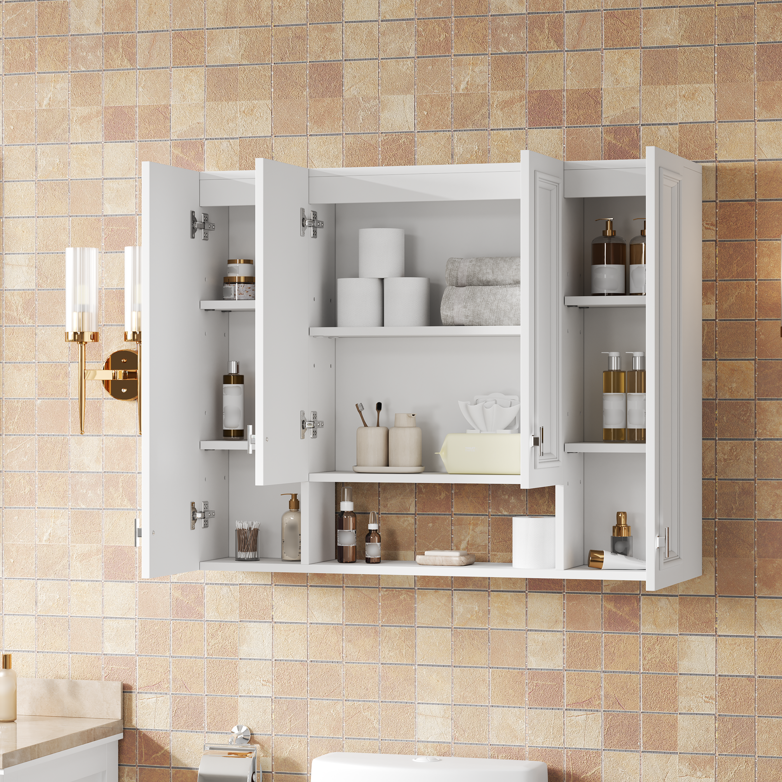 Modern Bathroom Cabinet with 5 Adjustable Shelves, Wall-Mounted Medicine Cabinet for Bathroom, Soft-Closing Hinges, Open Shelving Design