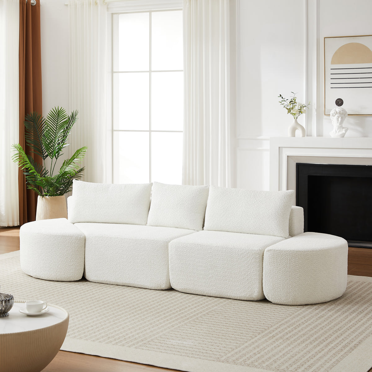 106.3-inch V-shaped modular sofa set in chenille fabric, featuring three throw pillows and two curved ottomans, perfectly suited for living rooms, bedrooms, and offices.beige