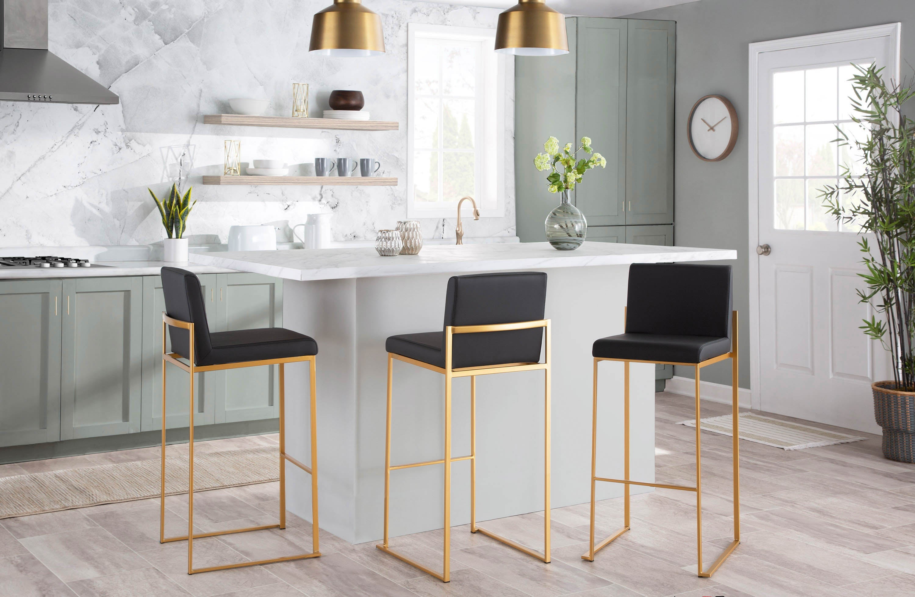 Fuji Contemporary High Back Barstool in Gold Steel and Black Faux Leather by LumiSource - Set of 2