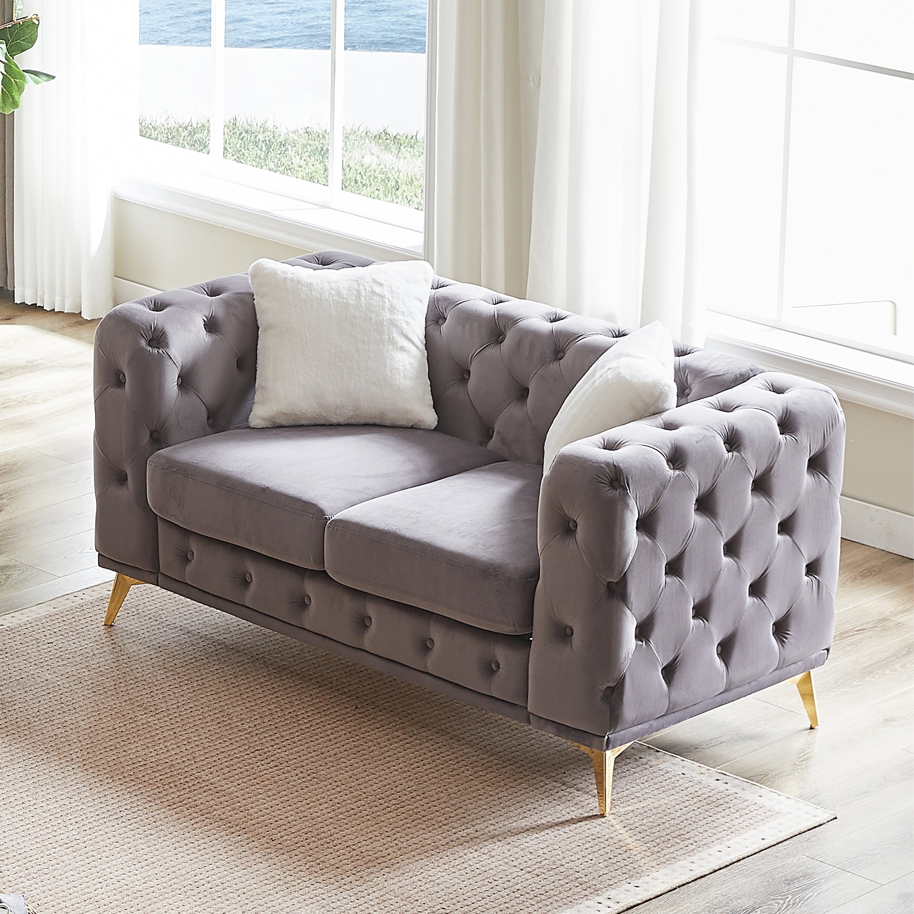 FX 61.25-inch Deluxe Velvet Sofa with Chesterfield Tufted Buttons with 2 Pillows and Metal Feet