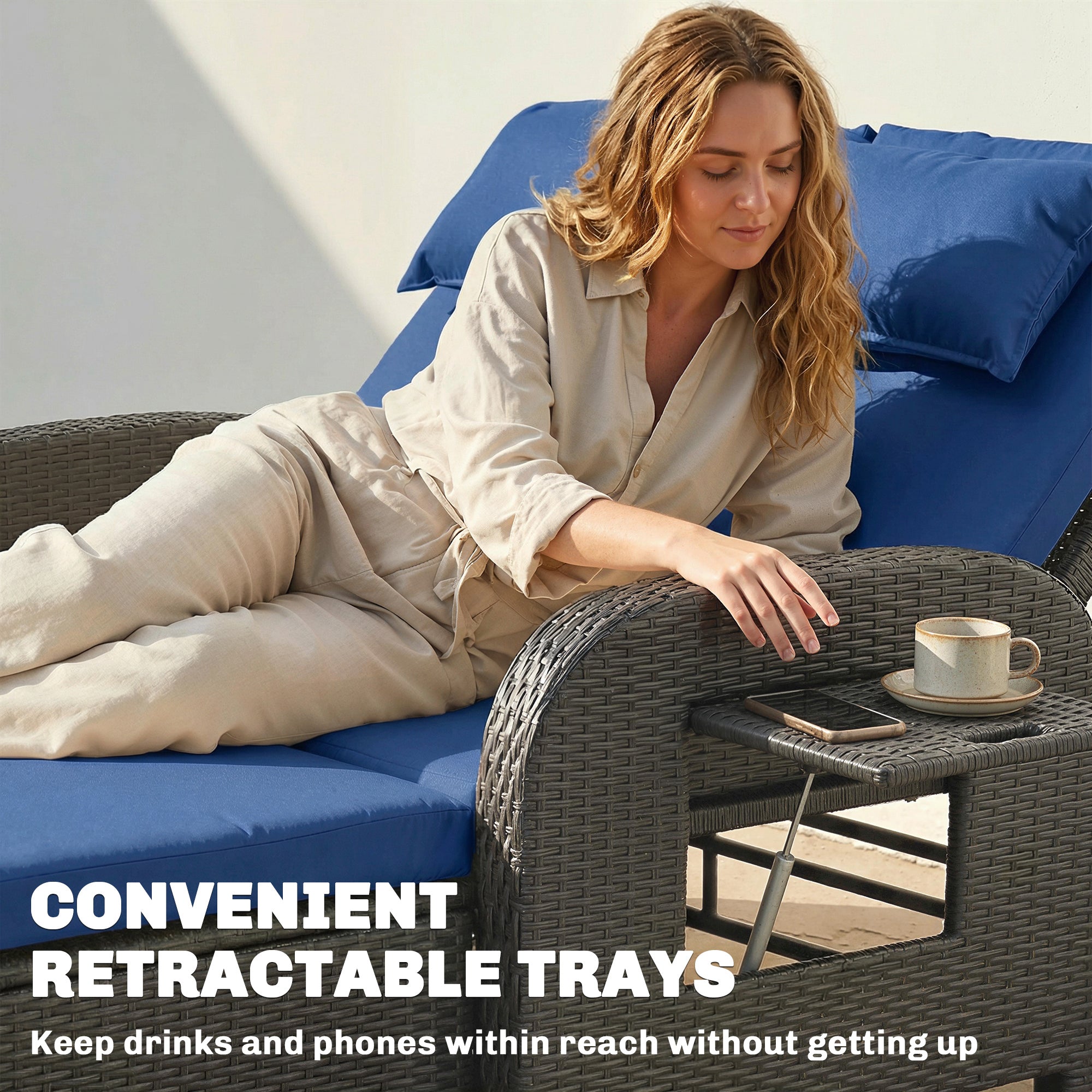 Outsunny Patio Rattan Daybed, Wicker Outdoor Daybed with Storage Ottoman, Loveseat w/ Adjustable Backrest, Navy Blue