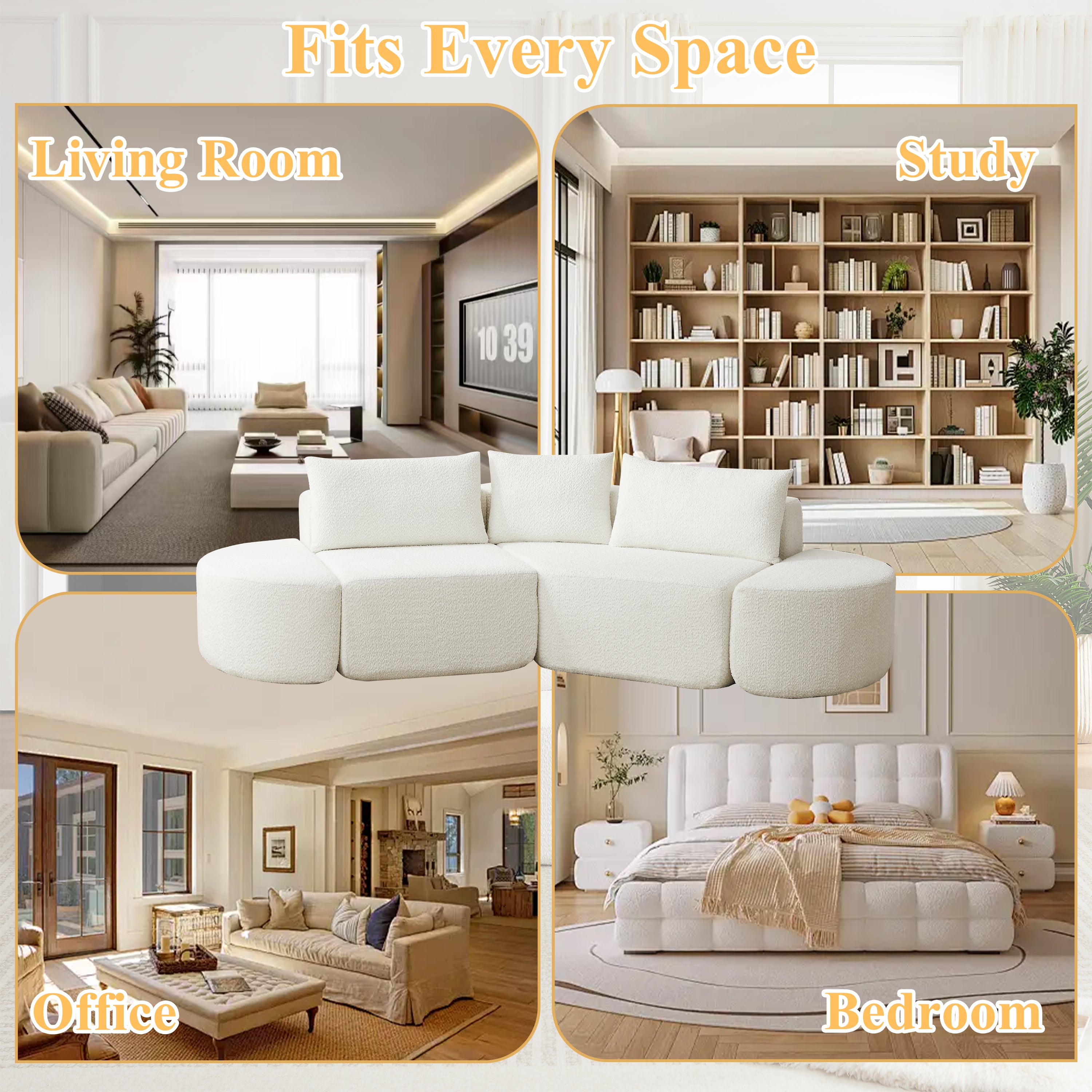 106.3-inch V-shaped modular sofa set in chenille fabric, featuring three throw pillows and two curved ottomans, perfectly suited for living rooms, bedrooms, and offices.beige